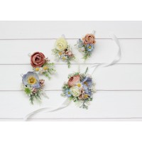  Wedding boutonnieres and wrist corsage  in dusty blue white beige color scheme. Colorful wildflower accessories. 5345