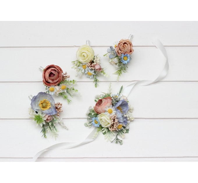 Wedding Boutonnieres and Wrist Corsages in Dusty Blue, White, and Beige