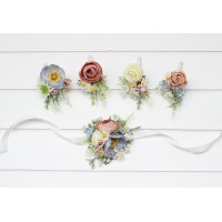  Wedding boutonnieres and wrist corsage  in dusty blue white beige color scheme. Colorful wildflower accessories. 5345