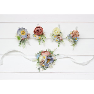 Wedding boutonnieres and wrist corsage  in dusty blue white beige color scheme. Colorful wildflower accessories. 5345