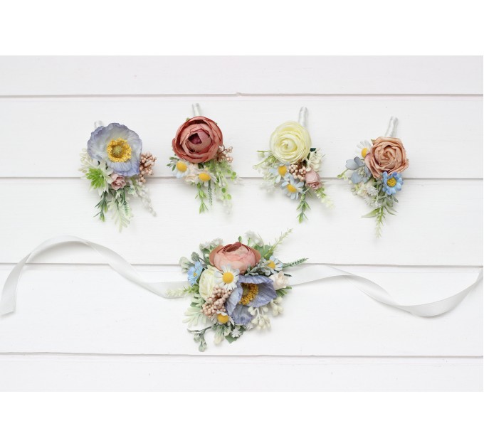 Wedding Boutonnieres and Wrist Corsages in Dusty Blue, White, and Beige