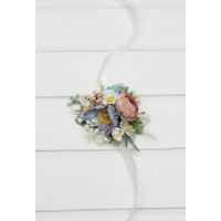  Wedding boutonnieres and wrist corsage  in dusty blue white beige color scheme. Colorful wildflower accessories. 5345