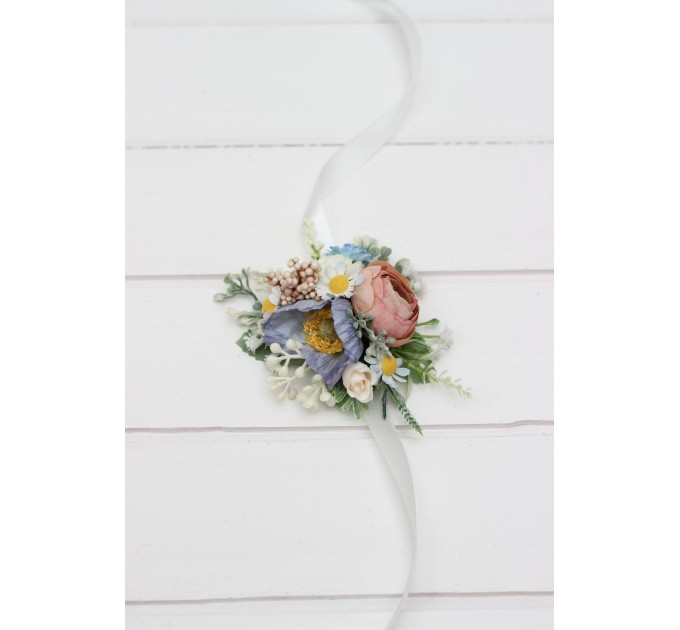 Wedding Boutonnieres and Wrist Corsages in Dusty Blue, White, and Beige