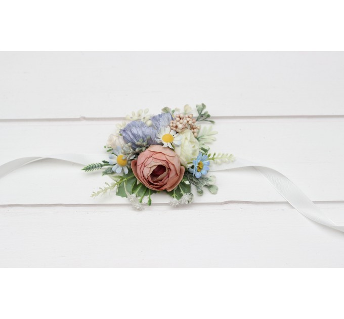 Wedding Boutonnieres and Wrist Corsages in Dusty Blue, White, and Beige