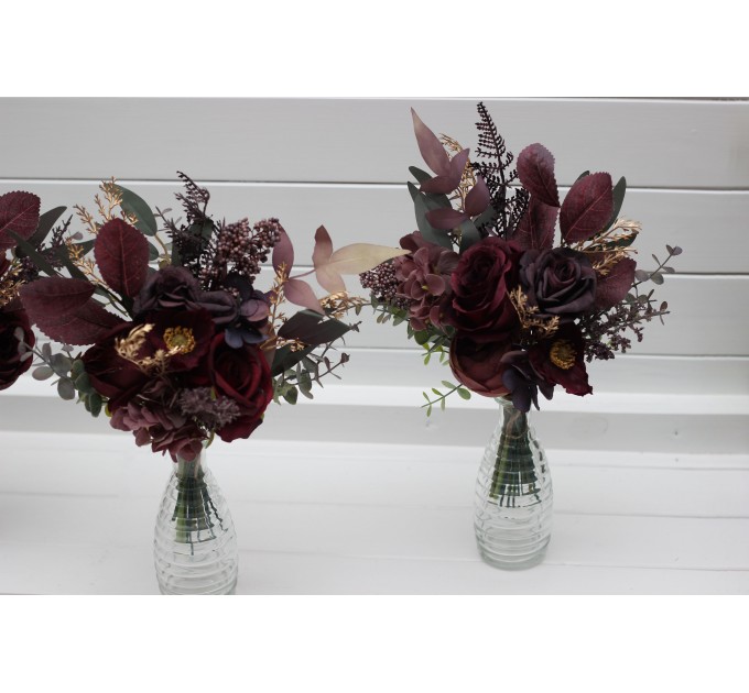 Simple Wedding Table Flowers in Deep Purple, Gold, and Burgundy