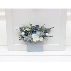 Pocket boutonniere in dusty blue white color scheme. Flower accessories. 5200-0508