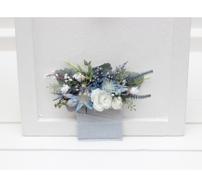 Pocket boutonniere in dusty blue white color scheme. Flower accessories. 5200