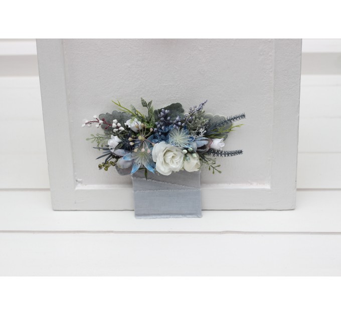 Pocket boutonniere in dusty blue white color scheme. Flower accessories. 5200