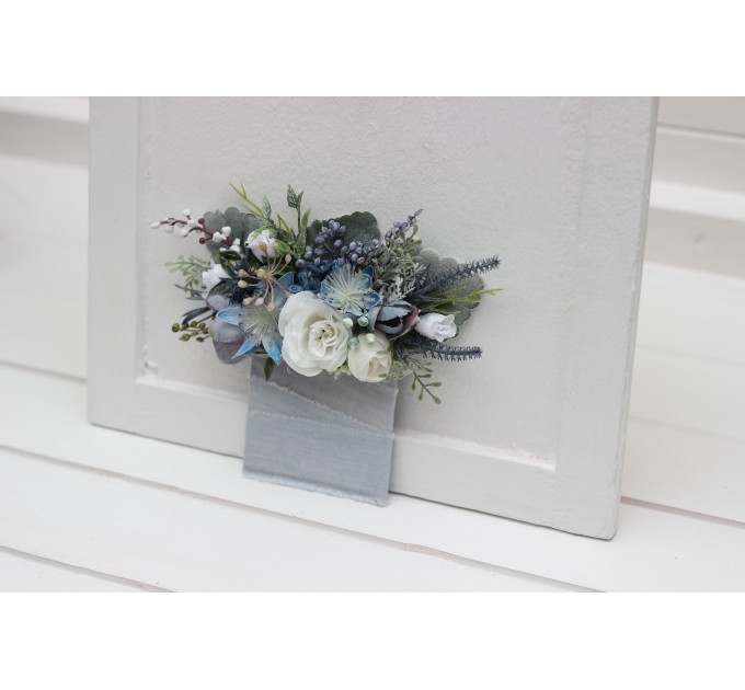 Pocket boutonniere in dusty blue white color scheme. Flower accessories. 5200