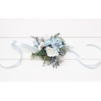  Wedding  wrist corsage  in dusty blue white color theme. Flower accessories. 0508