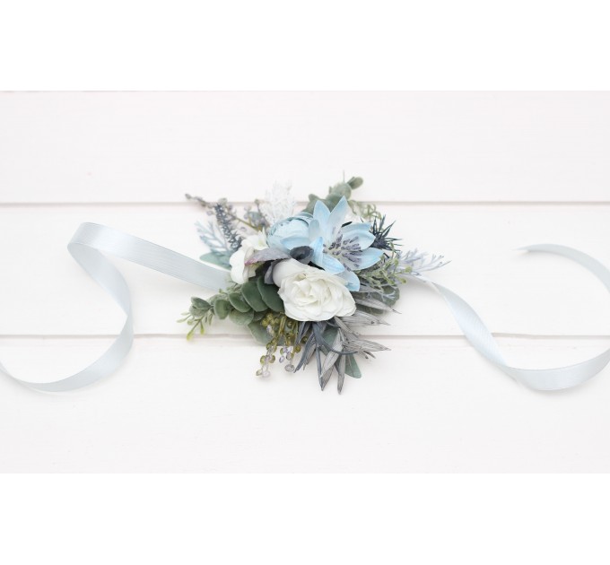  Wedding  wrist corsage  in dusty blue white color theme. Flower accessories. 0508