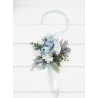  Wedding  wrist corsage  in dusty blue white color theme. Flower accessories. 0508