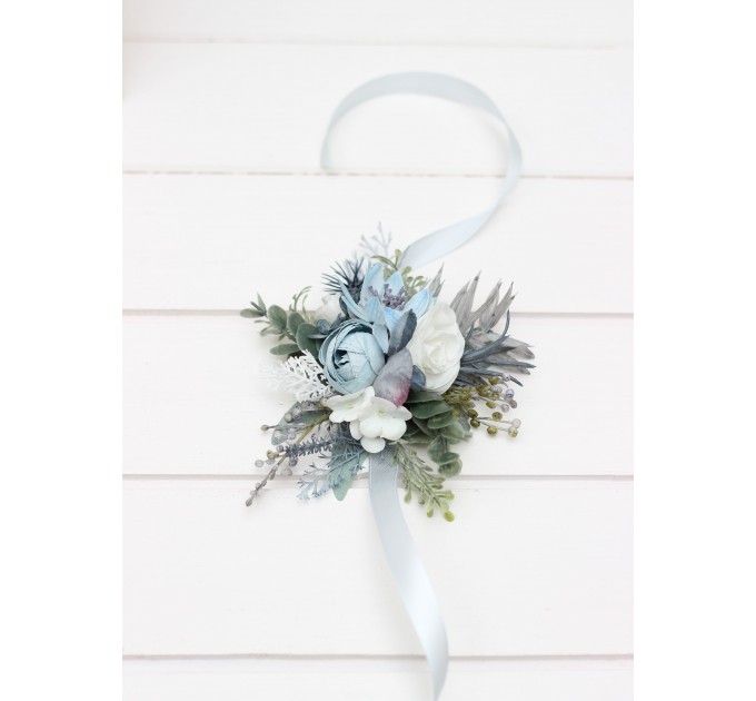  Wedding  wrist corsage  in dusty blue white color theme. Flower accessories. 0508