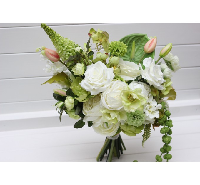 Green and White Summer Bridal Bouquet – Faux Wedding Flowers