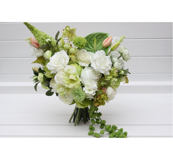 Green and White Summer Bridal Bouquet – Faux Wedding Flowers