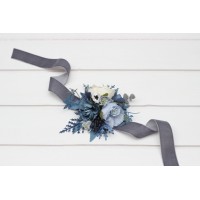  Wedding boutonnieres and wrist corsage  in dusty blue white ivory gray color scheme. Flower accessories. 5263