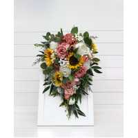 Cascade bridal bouquet with sunflowers in dusty rose, white, yellow and silver colors. Bridesmaid bouquet. Artificial wedding arrangement. 5384