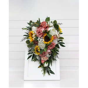 Cascade bridal bouquet with sunflowers in dusty rose, white, yellow and silver colors. Bridesmaid bouquet. Artificial wedding arrangement. 5384