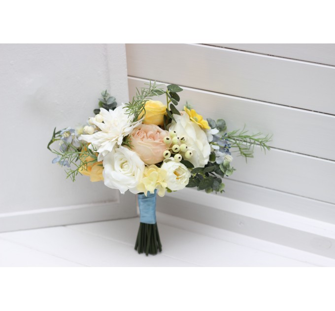 Spring summer wedding. Cascading bouquet. Peach yellow dusty blue flowers. Faux bouquet. Bridal bouquet. Silk flowers. Boho wedding. 5218