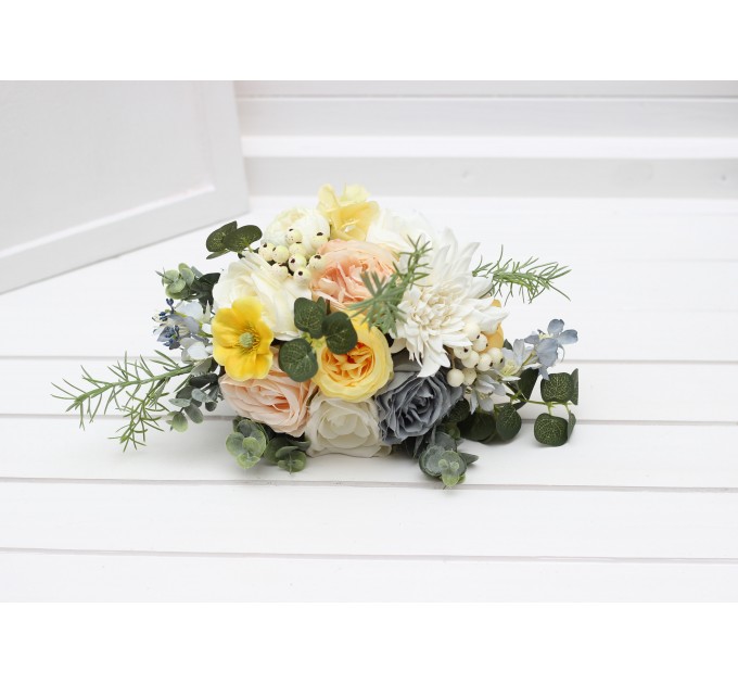 Spring summer wedding. Cascading bouquet. Peach yellow dusty blue flowers. Faux bouquet. Bridal bouquet. Silk flowers. Boho wedding. 5218