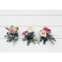  Wedding boutonnieres and wrist corsage  in dusty mauve dusty blue ivory color scheme. Groom and groomsmen flower accessories. Mother corsage. Prom corsage. 5303