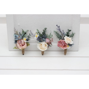  Wedding boutonnieres and wrist corsage  in dusty mauve dusty blue ivory color scheme. Groom and groomsmen flower accessories. Mother corsage. Prom corsage. 5303