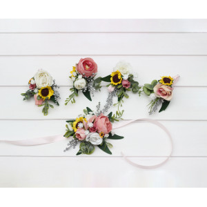  Wedding boutonnieres and wrist corsage in white dusty rose silver yellow color scheme. Sunflowers wedding  accessories. 5384
