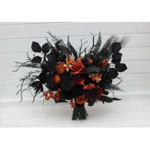 Black orange wedding bouquet. Bridal gothic flowers. 5383