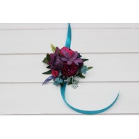  Wedding boutonnieres and wrist corsage  in teal magenta blue and purple color scheme. Flower accessories. 5225