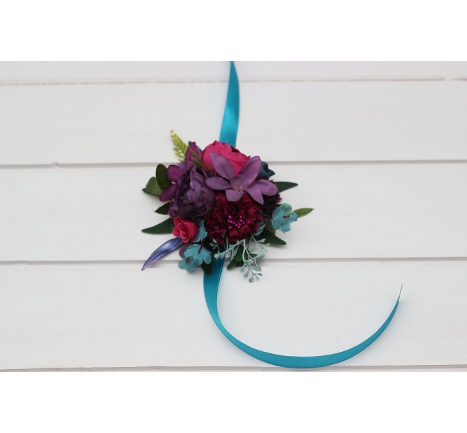  Wedding boutonnieres and wrist corsage  in teal magenta blue and purple color scheme. Flower accessories. 5225