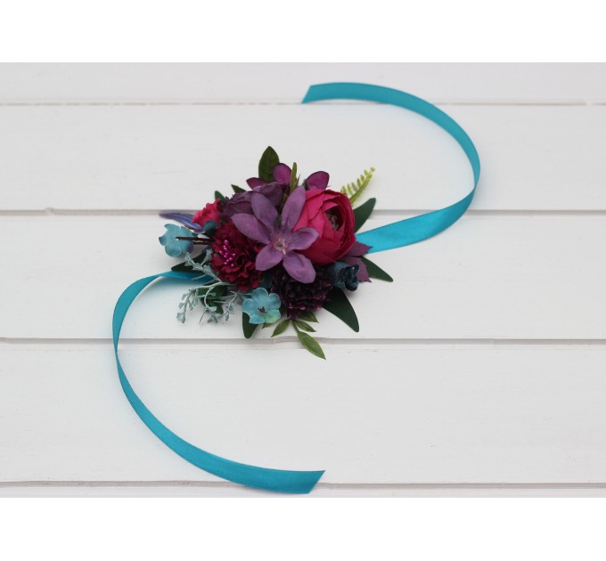  Wedding boutonnieres and wrist corsage  in teal magenta blue and purple color scheme. Flower accessories. 5225