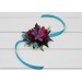 Wedding boutonnieres and wrist corsage in teal magenta blue and purple color scheme. Flower accessories. 5225