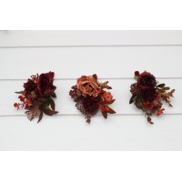  Wedding boutonnieres and wrist corsage  in burgundy deep red orange color scheme. Flower accessories for groom and groomsmen. Mother corsage. Prom flowers 5249