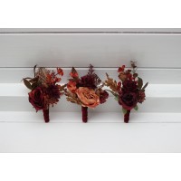  Wedding boutonnieres and wrist corsage  in burgundy deep red orange color scheme. Flower accessories for groom and groomsmen. Mother corsage. Prom flowers 5249