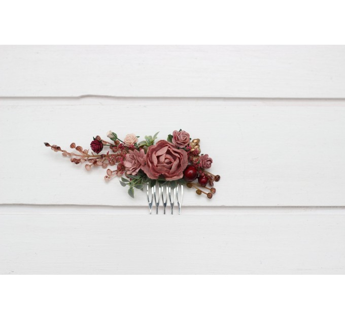 Dusty Rose Comb with Burgundy & Gold | Bridal Floral Headpiece