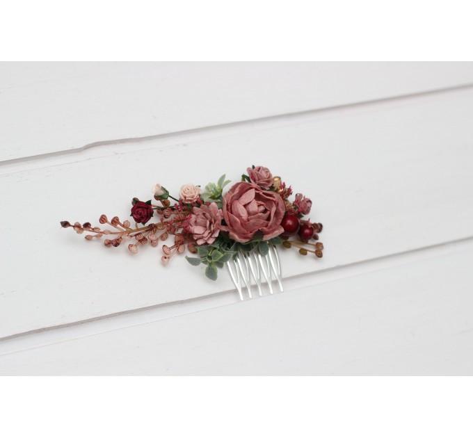 Dusty Rose Comb with Burgundy & Gold | Bridal Floral Headpiece