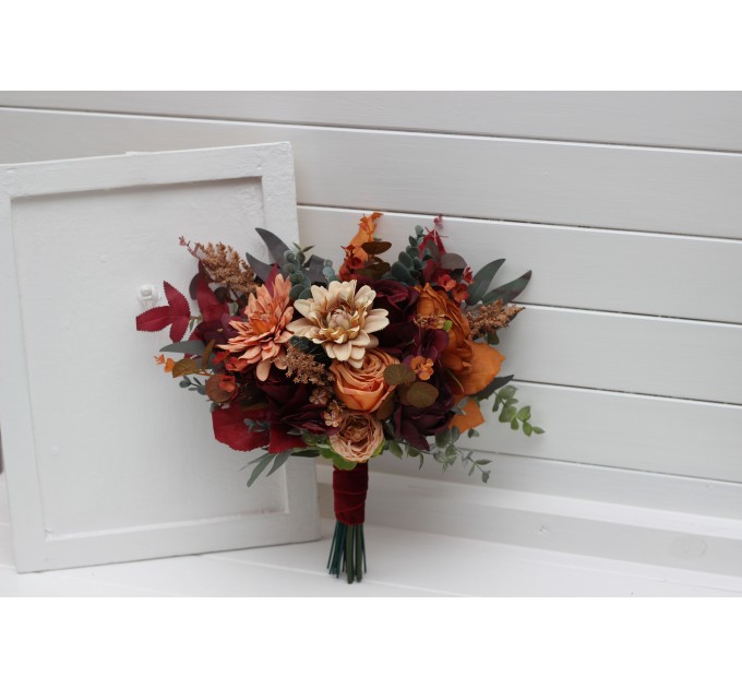 Burgundy, Orange, Rust & Brown Bridal Faux Bouquet | Fall Wedding Flowers