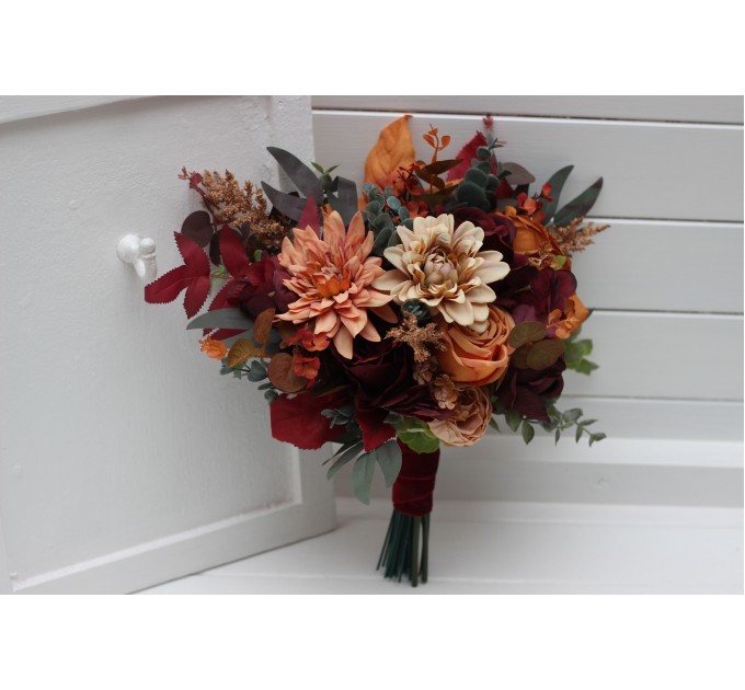 Burgundy, Orange, Rust & Brown Bridal Faux Bouquet | Fall Wedding Flowers