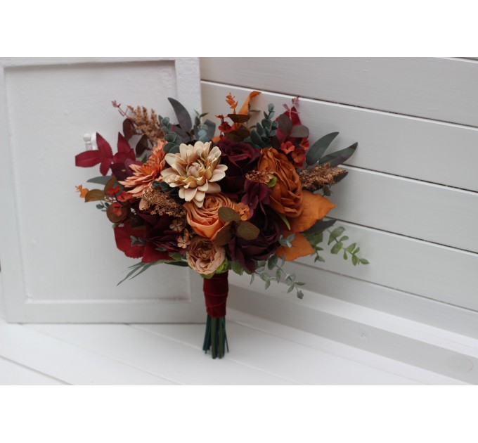 Burgundy, Orange, Rust & Brown Bridal Faux Bouquet | Fall Wedding Flowers