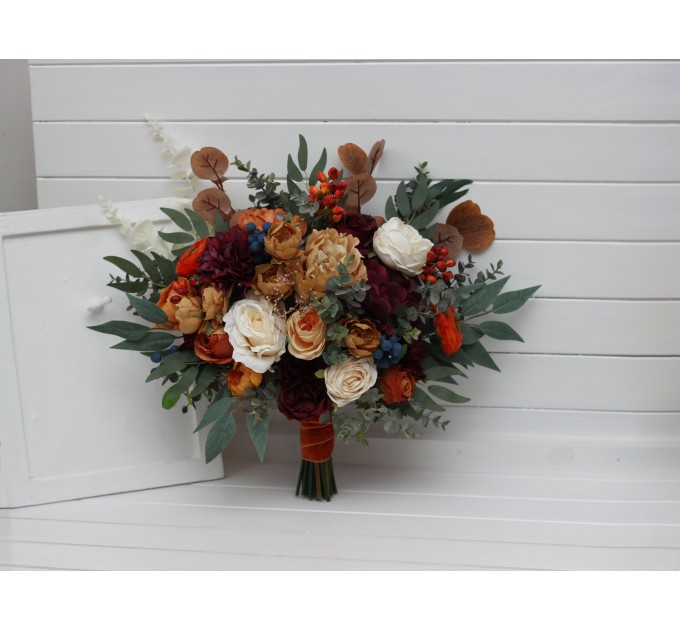 Wedding bouquets in rust burgundy ivory colors. Bridal bouquet. Faux bouquet. Bridesmaid bouquet. 0007