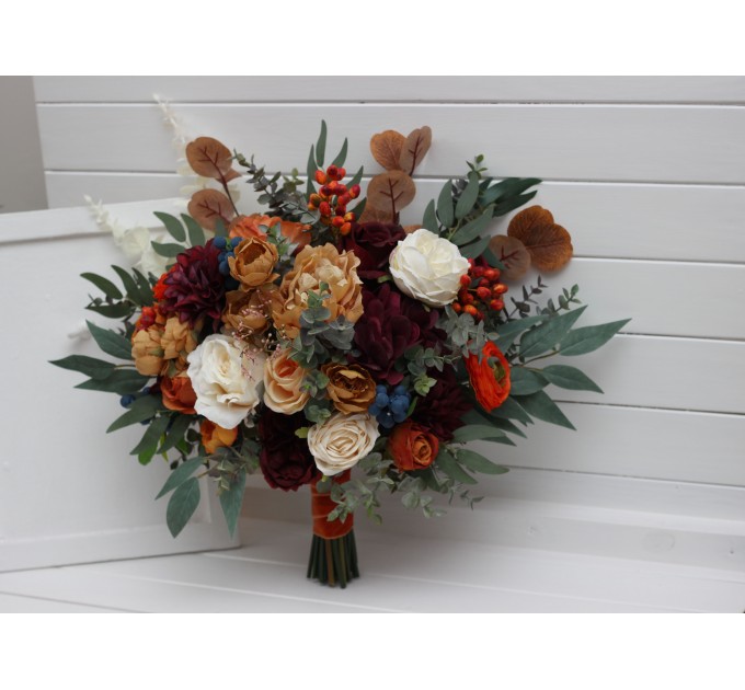 Wedding bouquets in rust burgundy ivory colors. Bridal bouquet. Faux bouquet. Bridesmaid bouquet. 0007