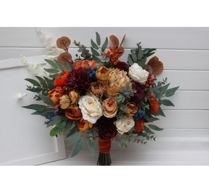 Wedding bouquets in rust burgundy ivory colors. Bridal bouquet. Faux bouquet. Bridesmaid bouquet. 0007