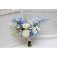 Dusty blue ivory white small bridal bouquet. Bridesmaid flowers. Pale blue ivory wedding flowers.  Wildflowers poppy posy bouquet.Artificial florals. 5387