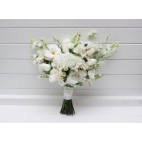 White bridal bouquet. Spring summer faux flowers Wedding bouquet with anemones tulips, and daisies. White wildflowers bouquet. 5388