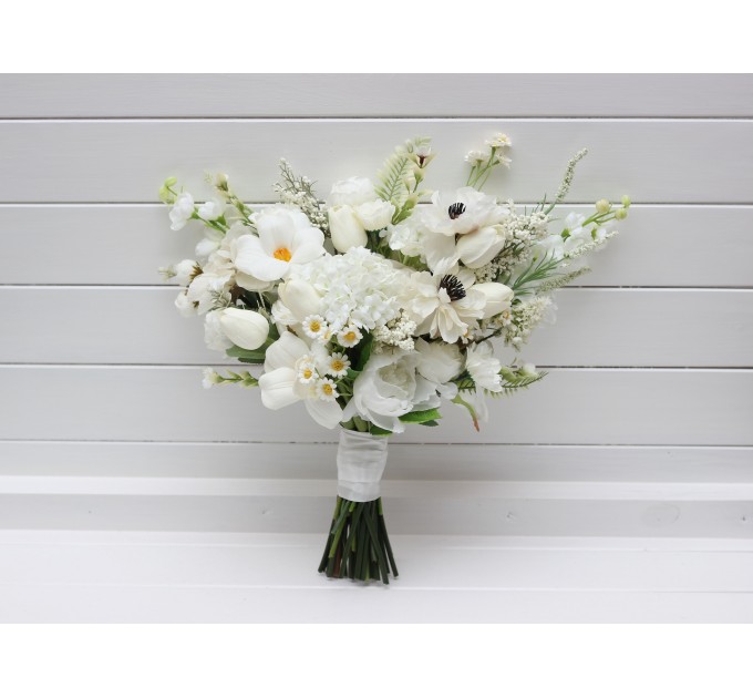 White Bridal Bouquet with Anemones, Tulips & Daisies | Faux Wildflowers