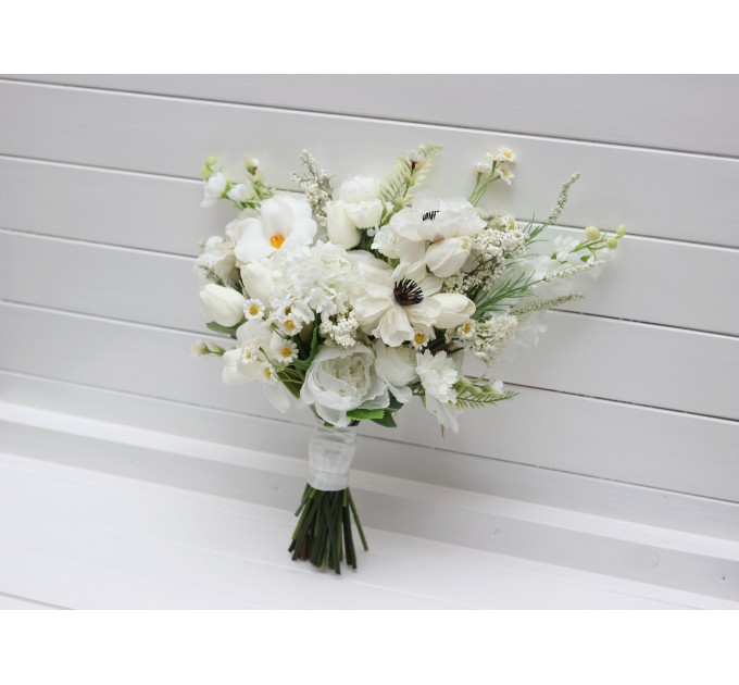 White Bridal Bouquet with Anemones, Tulips & Daisies | Faux Wildflowers