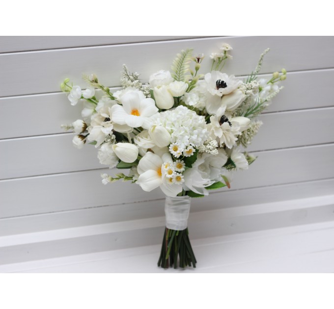 White Bridal Bouquet with Anemones, Tulips & Daisies | Faux Wildflowers