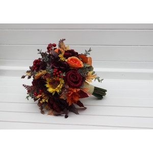Burgundy orange purple flowers. Sunflowers bridal round bouquet. Faux fall wedding arrangement .Bridesmaid bouquet. 5385