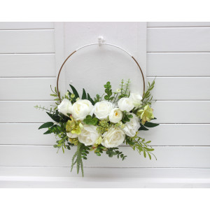 Flower hoop in white and green colors. Alternative bridesmaid bouquet. Ring for floral backdrop. 5362