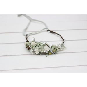 Sage green white ivory flower crown. Wedding hair wreath. Flower girl headband. 5391- 5075
